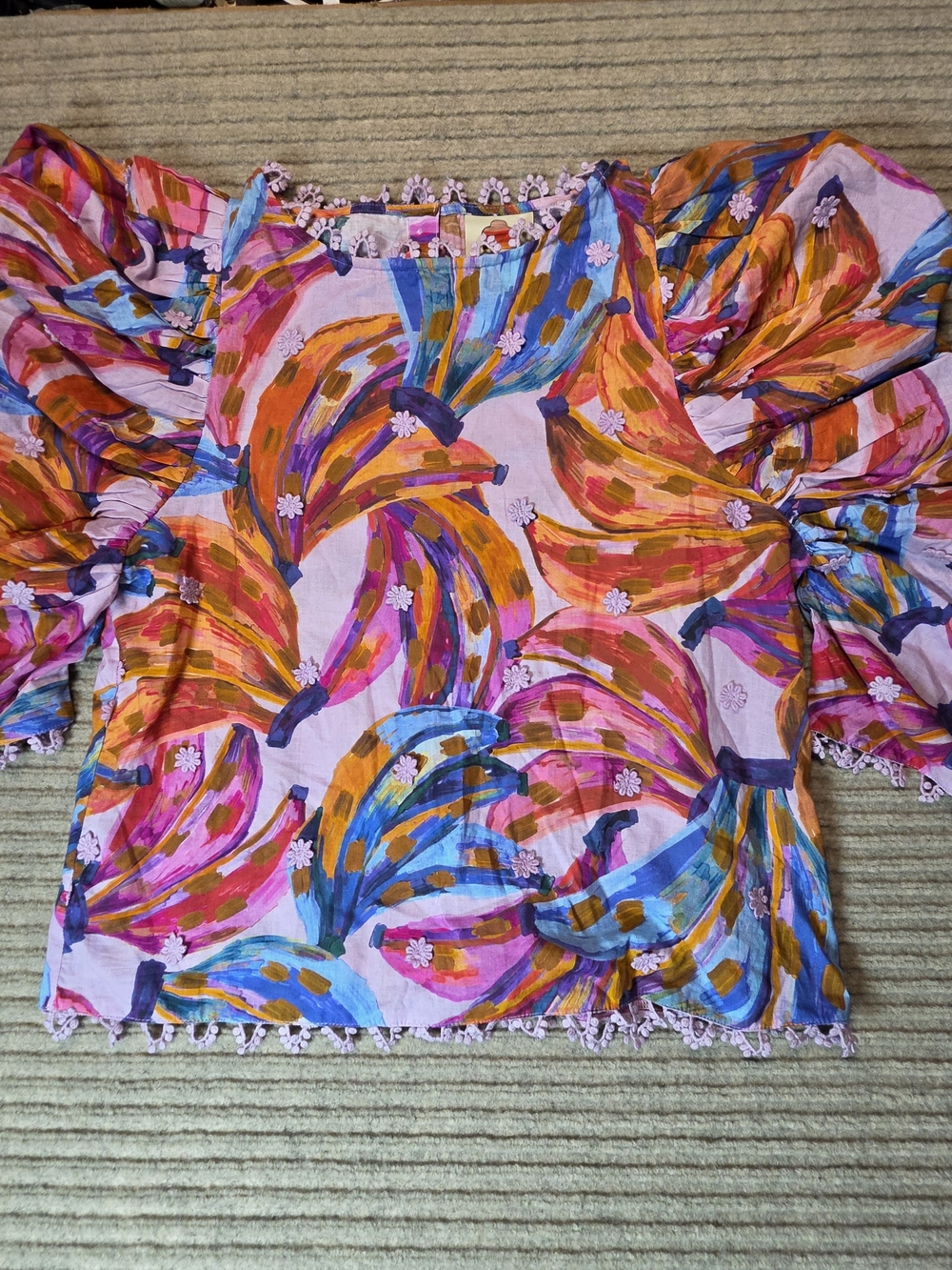 FARM Rio Floral Puff Sleeve Cotton Blouse Top Size S Multicolor Tropical Boho